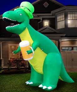 Holidayana Holiday Decorations 8ft Tall Saint Patrick's Day Leprechaun T-Rex Lawn Inflatable, Bright Lights, Built-in Fan, And Included Stakes And Ropes