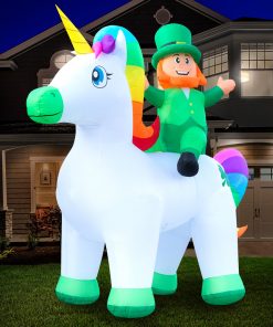 Holidayana 9ft Tall Saint Patrick's Day Leprechaun Riding Unicorn Lawn Inflatable, Bright Lights, Built-in Fan, And Included Stakes And Ropes Holiday Decorations