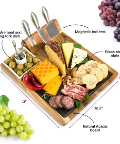 Zelancio Slate Cheese Board Set, 10 Piece Charcuterie Set Includes 4 Stainless Steel Cheese Tools, Premium Acacia Serving Tray With Slate Board, And Porcelain Olive Dish HOME GOODS