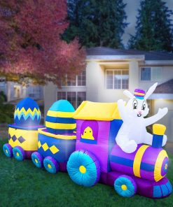 Holidayana HOME GOODS Inflatable Easter Bunny Train Decoration With Engine And 2 Cars With Built-In Fan And LED Lights