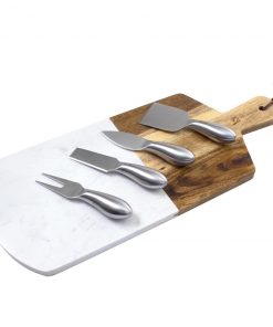 Zelancio Marble And Acacia Wooden Serving Cheese Board, 6 Piece Charcuterie Set Includes Stainless Steel Cheese Tools, Serving Paddle, Wood Cheese Knife Holder With Integrated Magnets
