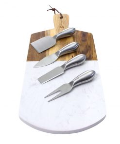 Zelancio Marble And Acacia Wooden Serving Cheese Board, 6 Piece Charcuterie Set Includes Stainless Steel Cheese Tools, Serving Paddle, Wood Cheese Knife Holder With Integrated Magnets