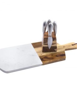 Zelancio Marble And Acacia Wooden Serving Cheese Board, 6 Piece Charcuterie Set Includes Stainless Steel Cheese Tools, Serving Paddle, Wood Cheese Knife Holder With Integrated Magnets