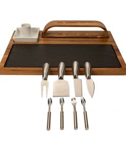 Zelancio Slate Cheese Board, 12 Piece Charcuterie Set Includes 4 Stainless Steel Cheese Knives, Bigger Acacia Serving Tray With Slate Board, And Wood Tool Holder