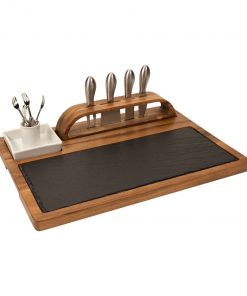 Zelancio Slate Cheese Board, 12 Piece Charcuterie Set Includes 4 Stainless Steel Cheese Knives, Bigger Acacia Serving Tray With Slate Board, And Wood Tool Holder
