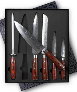 Zelancio Kitchen 6 Piece Hammered Damascus Steel Knife Set With 16-Layer Steel Blade And Teak Handle