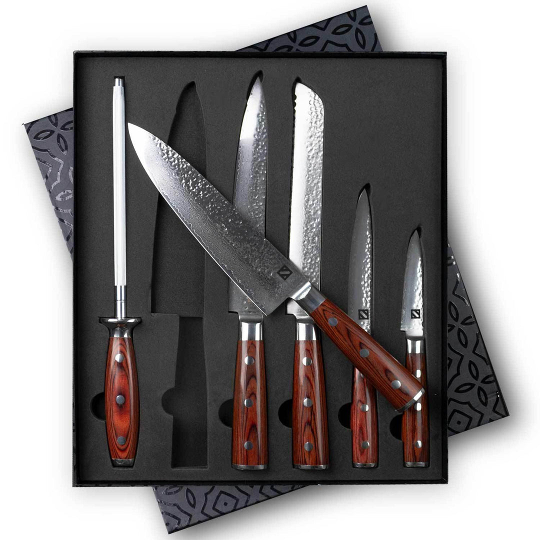 Zelancio Kitchen 6 Piece Hammered Damascus Steel Knife Set With 16-Layer Steel Blade And Teak Handle 1 Zelancio Kitchen 6 Piece Hammered Damascus Steel Knife Set With 16-Layer Steel Blade And Teak Handle