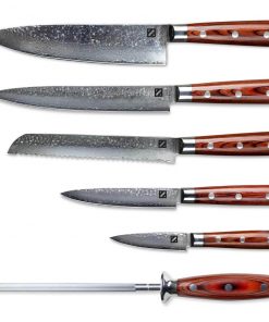 Zelancio Kitchen 6 Piece Hammered Damascus Steel Knife Set With 16-Layer Steel Blade And Teak Handle