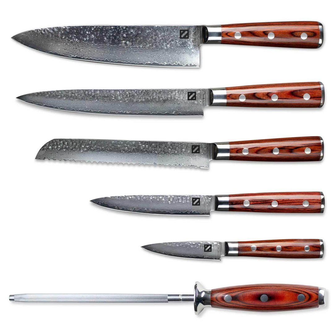 Zelancio Kitchen 6 Piece Hammered Damascus Steel Knife Set With 16-Layer Steel Blade And Teak Handle 2 Zelancio Kitchen 6 Piece Hammered Damascus Steel Knife Set With 16-Layer Steel Blade And Teak Handle