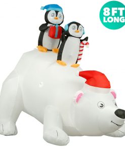 Holidayana 8 Ft Inflatable Christmas Penguins On Polar Bear Outdoor Decoration With LED Lights, Fan, And Stakes