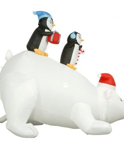 Holidayana 8 Ft Inflatable Christmas Penguins On Polar Bear Outdoor Decoration With LED Lights, Fan, And Stakes