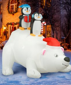 Holidayana 8 Ft Inflatable Christmas Penguins On Polar Bear Outdoor Decoration With LED Lights, Fan, And Stakes