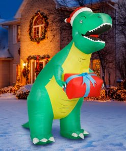 Holidayana 8 Ft Inflatable Christmas T-Rex Outdoor Decoration With LED Lights, Fan, And Stakes