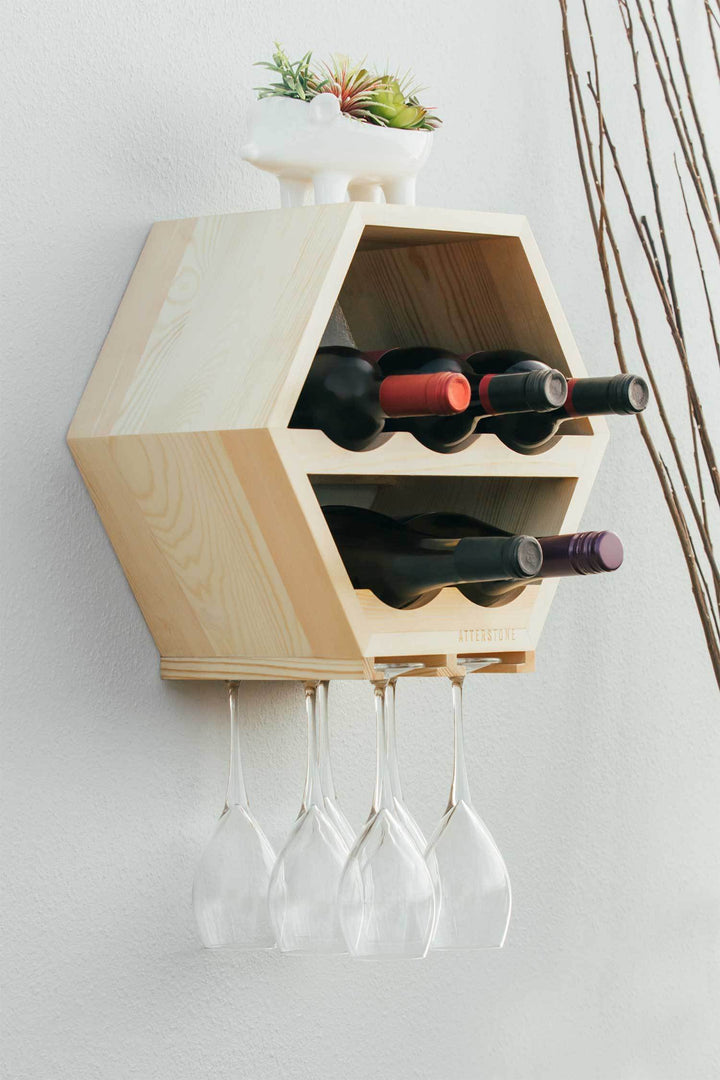 Atterstone HOME GOODS Honeycomb Wine Rack With Hanging Stemware Slots: Holds 5 Bottles And 4 Glasses 5 Atterstone HOME GOODS Honeycomb Wine Rack With Hanging Stemware Slots: Holds 5 Bottles And 4 Glasses