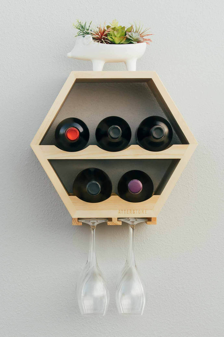 Atterstone HOME GOODS Honeycomb Wine Rack With Hanging Stemware Slots: Holds 5 Bottles And 4 Glasses 6 Atterstone HOME GOODS Honeycomb Wine Rack With Hanging Stemware Slots: Holds 5 Bottles And 4 Glasses