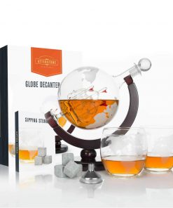 HOME GOODS Atterstone Globe Whiskey Decanter Set, 850-ml Gift Set With Globe Glasses, 9 Whiskey Stones And Stainless Steel Funnel