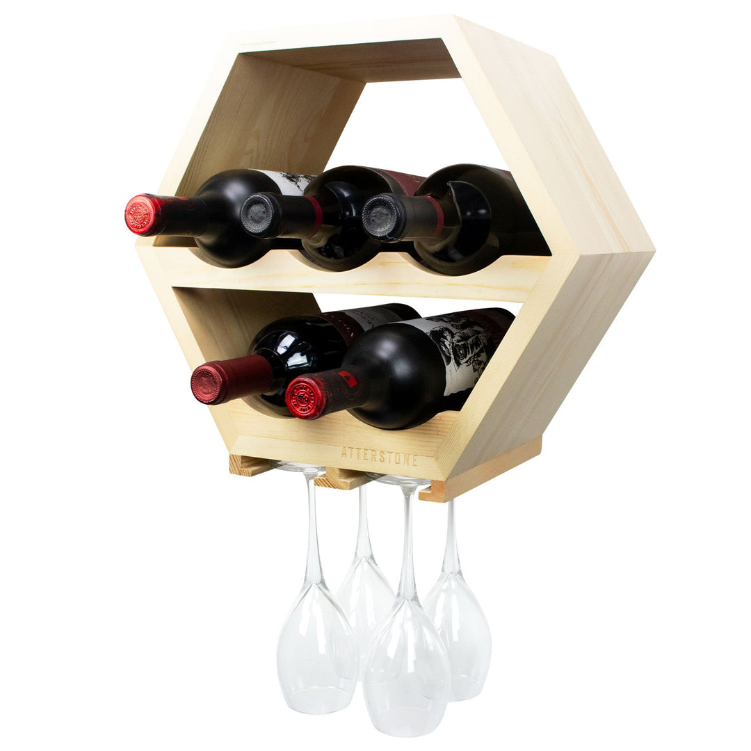 Atterstone HOME GOODS Honeycomb Wine Rack With Hanging Stemware Slots: Holds 5 Bottles And 4 Glasses 1 Atterstone HOME GOODS Honeycomb Wine Rack With Hanging Stemware Slots: Holds 5 Bottles And 4 Glasses