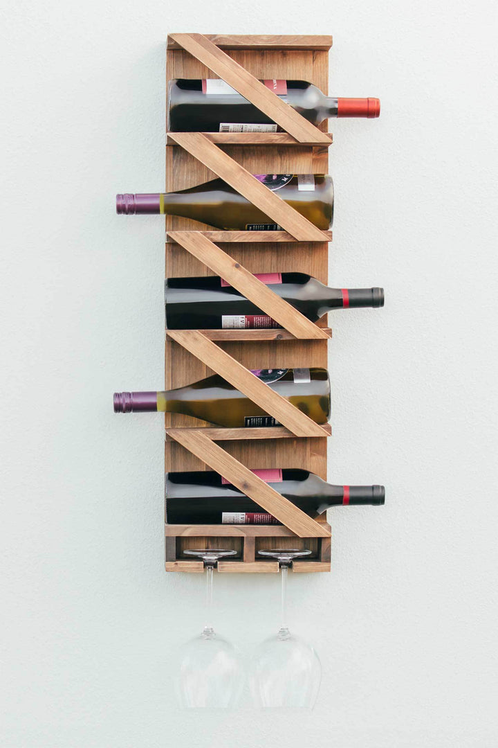 Atterstone Rustic Wine Rack With Hanging Stemware Slots: Holds 5 Bottles And 2 Glasses HOME GOODS 5 Atterstone Rustic Wine Rack With Hanging Stemware Slots: Holds 5 Bottles And 2 Glasses HOME GOODS