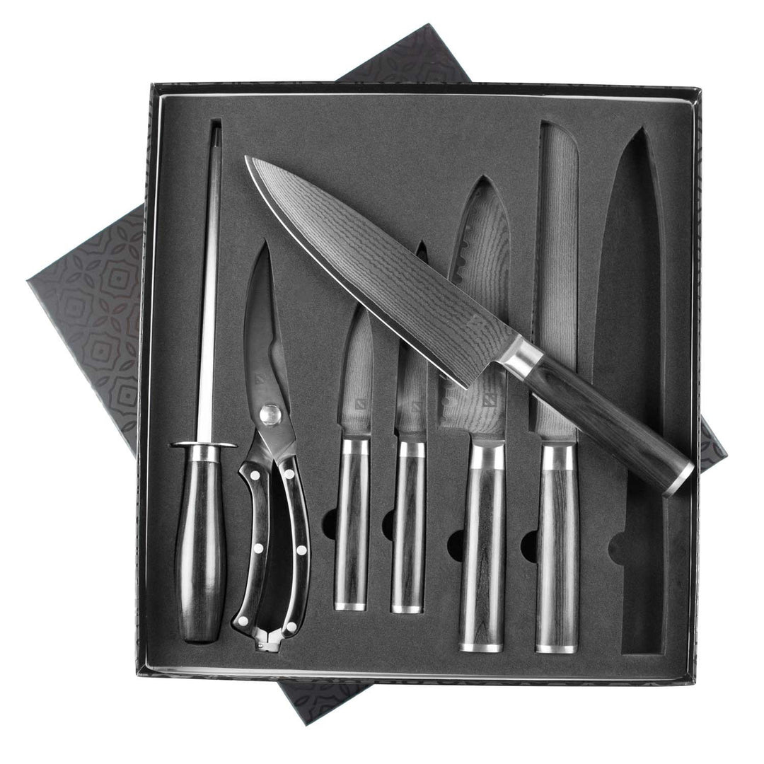 Zelancio HOME GOODS 7 Piece Japanese VG-10 Damascus Steel Chef Knife Set 1 Zelancio HOME GOODS 7 Piece Japanese VG-10 Damascus Steel Chef Knife Set